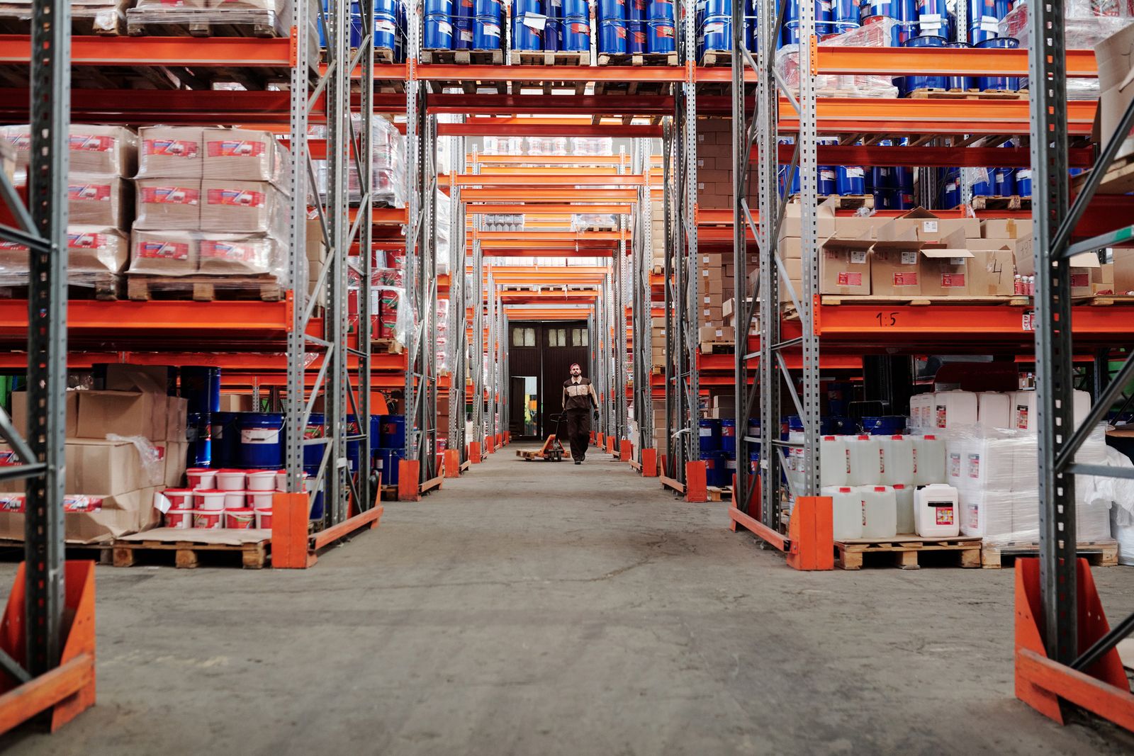 Industrial supplies organized on warehouse shelves