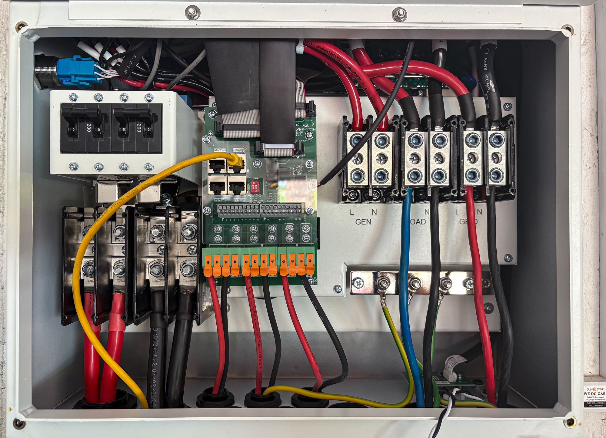 Organized electrical panel components and color-coded wiring